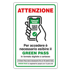 CARTELLO 'ACCESSO CON ESIBIZIONE DI GREEN PASS' cm 20 x 30 - alluminio-Ecanshop