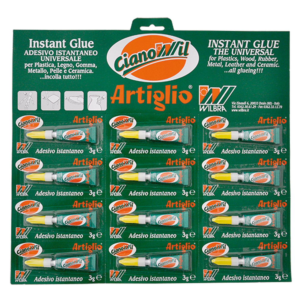 ADESIVO CIANOCRILATO 'ARTIGLIO CIANOWIL' gr.3 - 12 tubetti display appendib.-Colle-Ecanshop