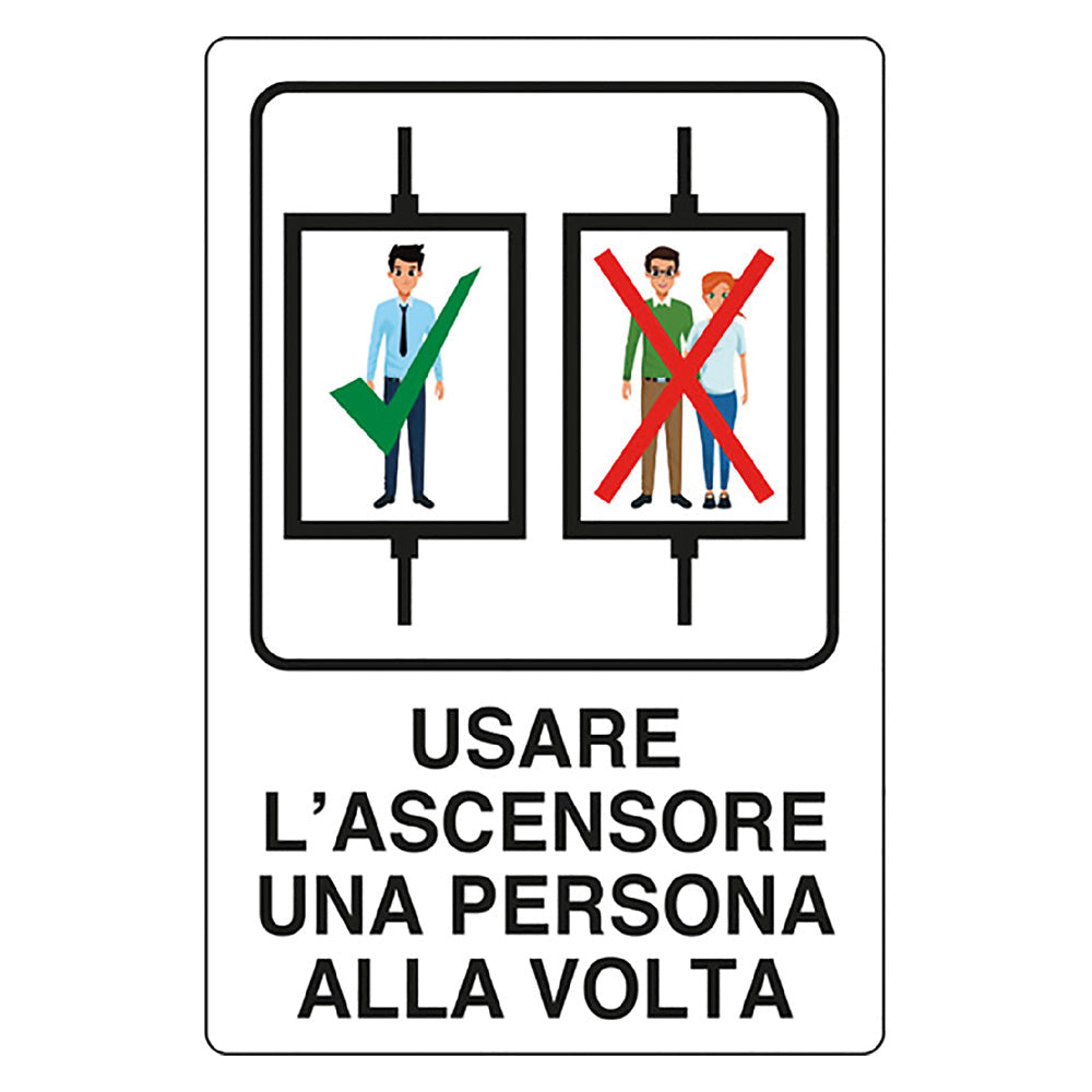 CARTELLO 'USARE ASCENSORE 1 PER VOLTA' cm 20 x 30 - alluminio-Cartellonistica ed etichette adesive-Ecanshop