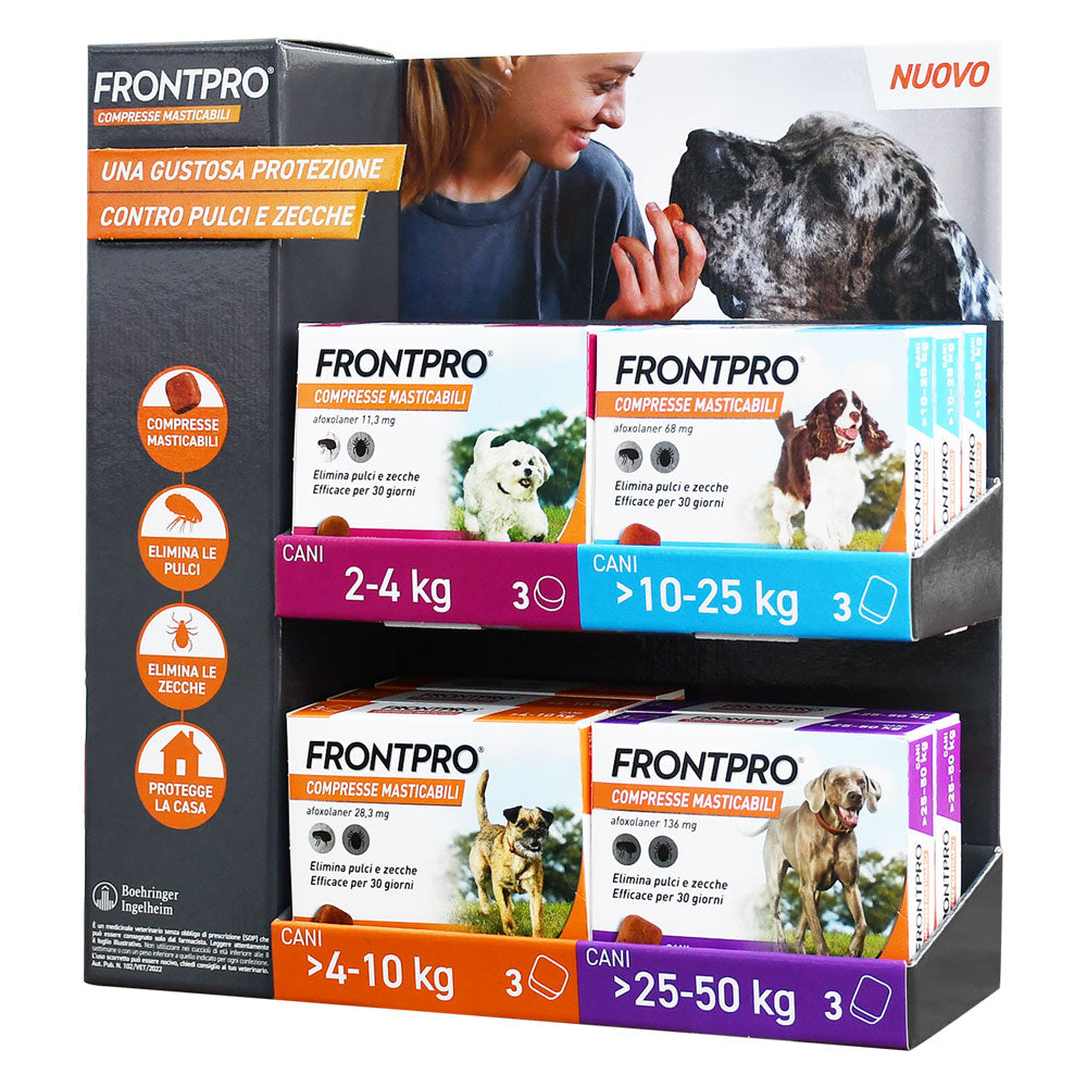 ESPOSITORE COMPRESSE ANTIPARASSITARIE MASTICABILI 'FRONTPRO' totale 11 scatole (10 + 1 omaggio)-Trattamenti antiparassitari per animali-Ecanshop