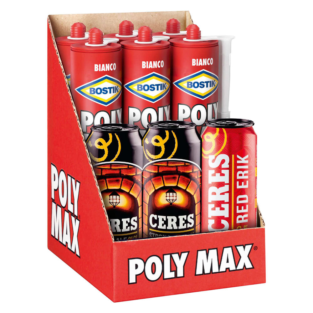 ESPOSITORE SUPER PROMO ADESIVO SIGILLANTE UNIVERSALE 'POLY MAX' ORIGINAL EXPRESS 6 cartucce da 425 gr + 3 lattine birra 500 ml omaggio-Colle-Ecanshop