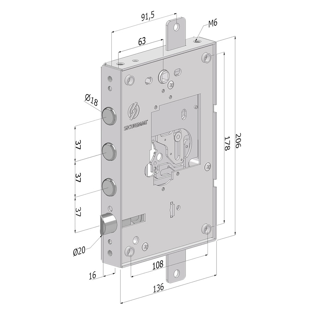 SERRATURA DA APPLICARE TRIPLICE PER PORTE BLINDATE SENZA NUCLEO '250' interasse pistoni 37 mm  - DX